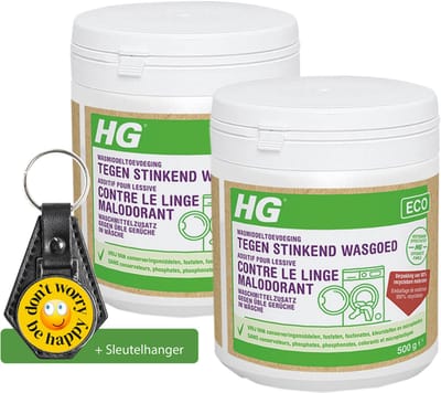 HG ECO wasmiddeltoevoeging tegen stinkend wasgoed - 2 Stuks - 500g - de duurzame wasmiddeltoevoeging tegen alle nare geurtjes - inclusief sleutelhanger