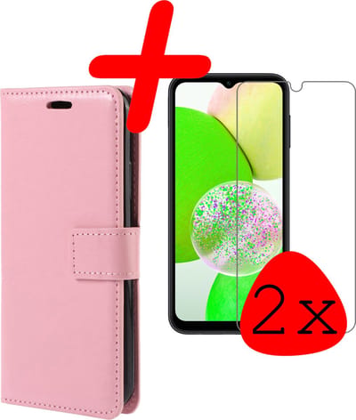 Hoesje Met 2x Screenprotector - Geschikt voor Samsung Galaxy A14 - Luxe Pasjeshouder - Bookcase Portemonee - Flip Case - Kunstleer Book Case - Flipcase Hoes - Book Cover - Walletcase - Portemonneehoes - Lichtroze