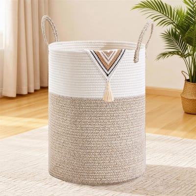 Wasmand, opbergmand, geweven mand, grote ronde wasmand van 72 liter met katoenen handvatten voor de kinderkamer, mand voor dekens en speelgoed voor de woonkamer of wasruimte, bruin en wit