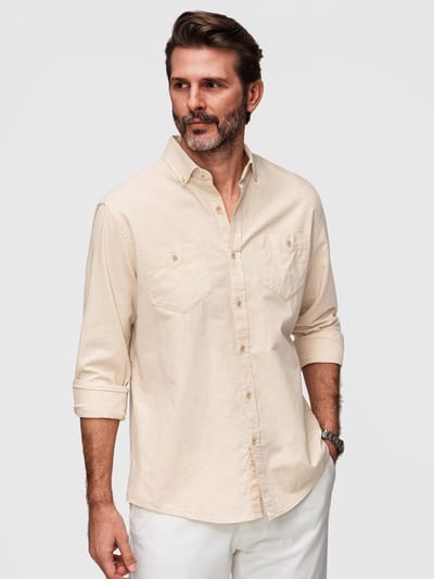 OMBRE Overhemd - Slim Fit - Linnen - Lange Mouw Crème S