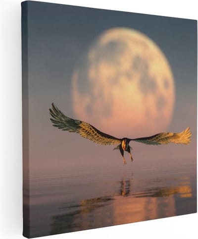 Artaza Canvas Schilderij Vogel Boven Zee - 30x30 cm - Klein - Wanddecoratie Vogels - Muurdecoratie Maan - Kamer Accessoires Woonkamer