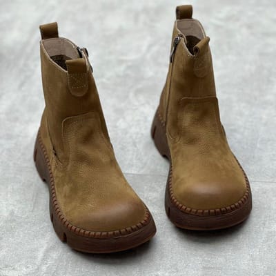 Dames Echt Leer Korte Laarzen Ronde Neus Echt Leer Handgemaakt Retro Street Style Winter Warm Platte Enkellaarsjes 37 brown