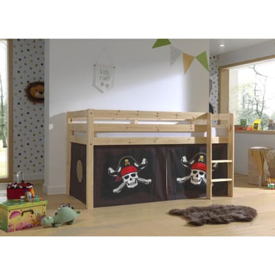 LUCEVI - Pino Halfhoogslaper H115CM + Ladder + Caribian Pirates Gordijntjes - Bruin - 90x200 cm