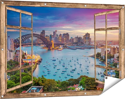 Gards Tuinposter Doorkijk Sydney Harbour Bridge in de Avond - 120x80 cm - Tuindoek - Tuindecoratie - Wanddecoratie buiten - Tuinschilderij
