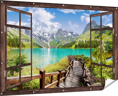 Gards Tuinposter Doorkijk Pad naar een Helder Blauw Meer in de Bergen - 180x120 cm - Tuindoek - Tuindecoratie - Wanddecoratie buiten - Tuinschilderij