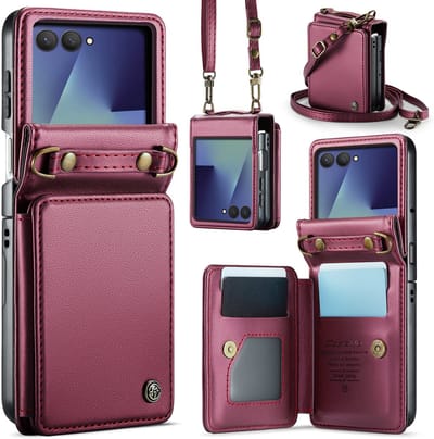 CaseMe Geschikt voor Samsung Galaxy Z Flip 7 PU Leren Backcover hoesje met kaarthouder - Rood