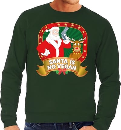 Foute kersttrui / sweater Santa is no vegan - groen - Kerstman met pistool heren S