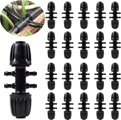 20-delige T-stuk Irrigatie Connector Set – Druppelirrigatie Koppelingen 1/2" naar 1/4" – Barbed Tuinslang Verbinders – Zwart