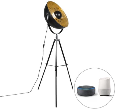 QAZQA magna yeyang - Moderne Dimbare LED Smart Tripod | driepoot vloerlamp | Staande Lamp incl. wifi met Dimmer - 1 lichts - H 160 cm - Zwart Goud - Woonkamer | Slaapkamer | Keuken