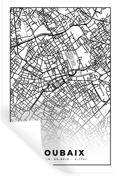 Muurstickers - Sticker Folie - Kaart - Roubaix - Stadskaart - Frankrijk - Plattegrond - Zwart wit - 20x30 cm - Plakfolie - Muurstickers Kinderkamer - Zelfklevend Behang - Zelfklevend behangpapier - Stickerfolie