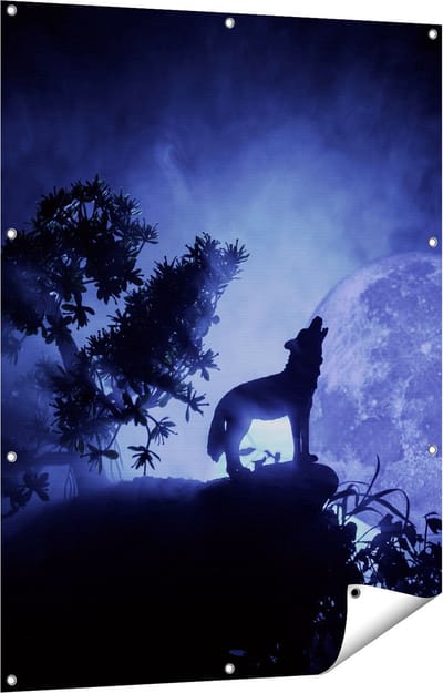 Gards Tuinposter Huilende Wolf in Silhouet bij Volle Maan - 90x120 cm - Tuindoek - Tuindecoratie - Wanddecoratie buiten - Tuinschilderij