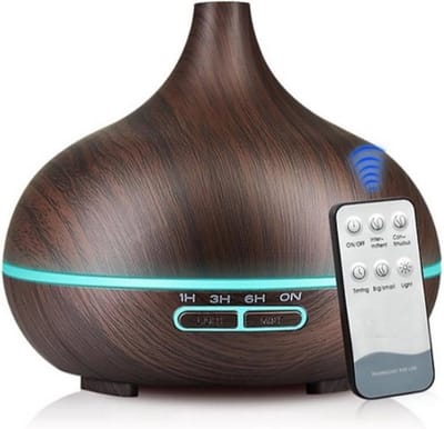 500 ml Ultrasone Luchtbevochtiger & Aroma Diffuser – Etherische Olie Verdamper met Houtlook, LED Verlichting in 7 Kleuren, Afstandsbediening – Voor Slaapkamer, Droge Lucht & Ontspanning