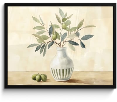 Poster in lijst - Fotolijst 70x50 cm - Posters - Vaas - Keramiek - Olijftakken - Posterlijst zwart - Decoratie - Wanddecoratie woonkamer - Muurdecoratie slaapkamer