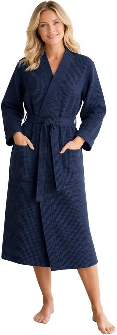 Dailygoods- Badjas Dames Lichtgewicht Katoen - Wafel Piqué - Antislip Riem - Twee Zakken - Binnenzak met Rits - Hypoallergeen - Huisjas