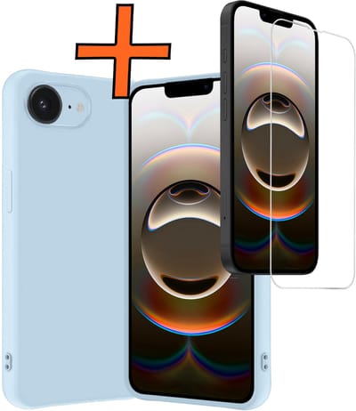 Hoes - Met Screenprotector - Geschikt voor Apple iPhone 16e - Sterk & Shockproof - Back Cover - Siliconen Case - Telefoon Hoes - Lichtblauw