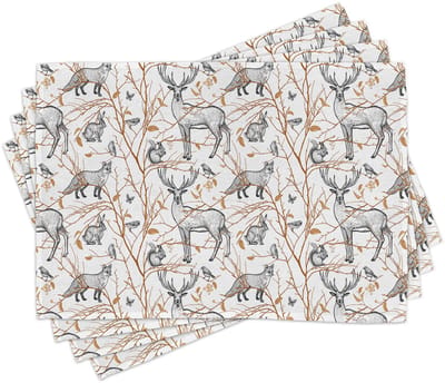 ABAKUHAUS Dierenwereld placemats, herten, vogels, vossen, eekhoorns – tafeldecoratie van kleurvaste stoffen voor eetkamer en keuken, bleek koffiegrijs en wit