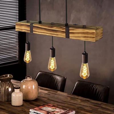 Glitzerlife - Hanglampen - Retro Vintage - 3xE27 - In hoogte verstelbaar - Dennenhout en metaal - Ø61cm - Zwart - Verstelbare hanglampen voor de eetkamer - Woonkamer, restaurant, bar, rustiek