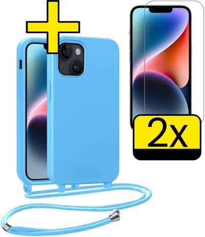 Hoesje Geschikt voor iPhone 13 Mini Hoesje Met Koord Met 2x Screenprotector Siliconen Case - Hoes Geschikt voor iPhone 13 Mini Backcover Met Afneembaar Koord - Lichtblauw