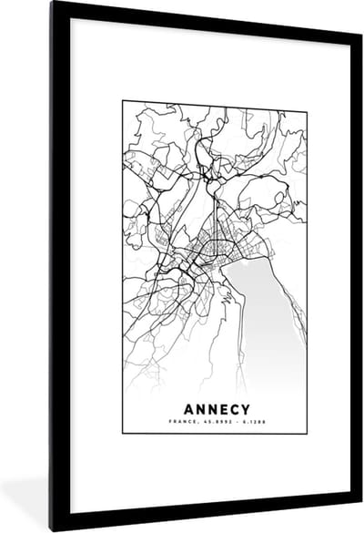 Fotolijst incl. Poster Zwart Wit- Stadskaart - Annecy - Plattegrond - Kaart - Frankrijk - Zwart wit - 60x90 cm - Posterlijst