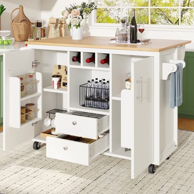 Keukeneiland met Buffetkast 120 x 73 (45) x 92 cm, Keukenkast, Keukentrolley en Neerklapbaar Werkblad met Handdoekrek, Kruidenrek, Deurplank, Wijnrek en Verstelbare Planken, Wit