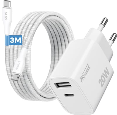 Phreeze usb c adapter 20w met usb c naar usb c kabel 3 meter - Snellader met 2 usb poorten - Wit