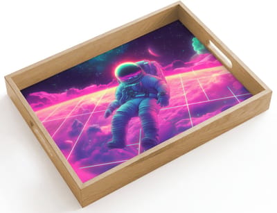 Dienblad hout 40x30 cm - Schootdienblad - Astronaut - Neon - Roze - Wolken - Borrelplank rechthoek - Plateau dienbladen