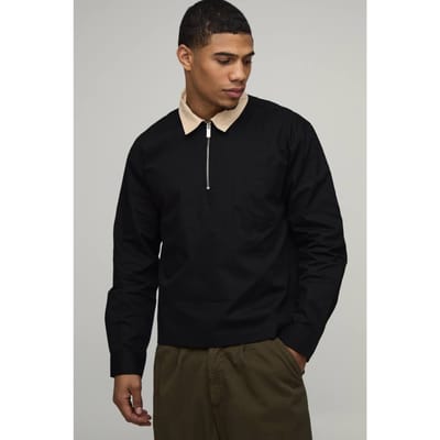 Oversized Boxy Quarter Zip Contrast Collar Poplin Shirt | Black | Size XS