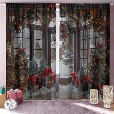 Hedendaagse Kerst Polyester Deurgordijnen - 2-delige Set Feestelijke Digitale Print, Machinewasbaar, Vakantiedecor Woonkamer W65X60H(cm)X2Pcs&Grommet Top
