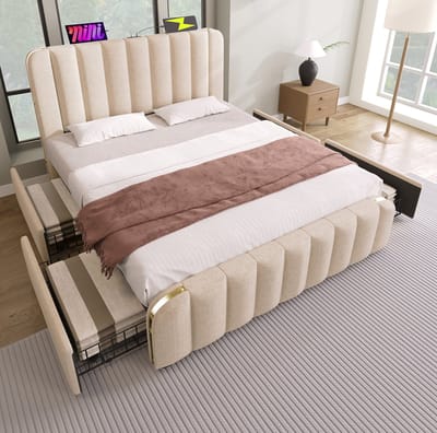 Gestoffeerd Bed 140x190 cm - Tweepersoonsbed Met USB en Type C Oplaadpunt, 4 Lades en Lattenbodem - Zonder matras - Stof Metaal Hout - Beige