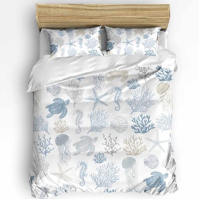 Nautisch Thema Zeeschildpad Zeester Kompas Dekbedovertrek met Kussensloop 3-delige Beddengoedset Dekbedovertrek Tweepersoonsbed Hometextiel AU Double(180x210cm)