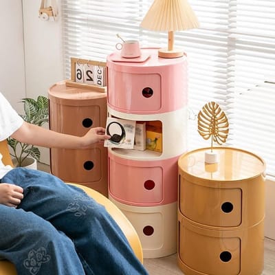 Ronde Nachttafel - Bijzettafel Opbergmeubel - Ruimte Besparen - Modulair Stapelbaar - 4 Laagjes - Roze