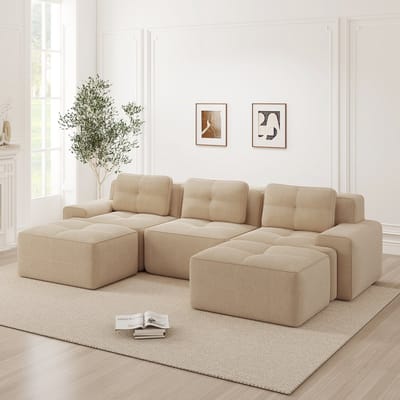 Wishdor - Modulaire U-Vormige Bank Met Ottoman - Diepe Zit En Gebogen Rugleuning - Minimalistisch Ontwerp Voor Woonkamer - Ribstof - Beige - 3-Zits