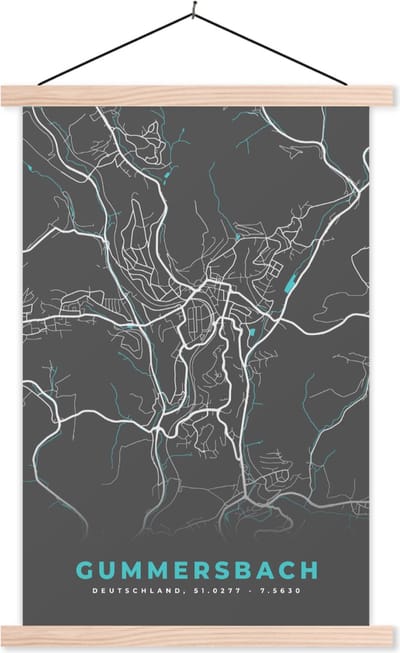 Posterhanger incl. Poster 60x90 cm - Schoolplaat - Gummersbach – Stadskaart – Blauw – Plattegrond – Stadskaart – Kaart - Duitsland - Textielposter - Blanke latten - Stadskaart