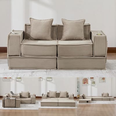 Multifunctionele 2-Zits Bank, Moderne Tweepersoons Slaapbank met een Comfortabele Stoffen Bank en twee Kussens, Een Stijlvolle, Decoratieve Voetenbank met Opbergruimte aan de Zijkant en Bekerhouders, Ideaal voor Leeshoekjes, Speelkamers, enz.-Khaki