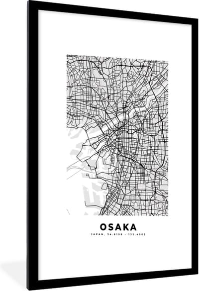 Fotolijst incl. Poster Zwart Wit- Osaka - Stadskaart - Zwart Wit - Plattegrond - Kaart - 60x90 cm - Posterlijst