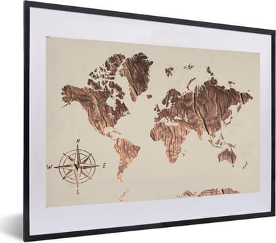 Poster in lijst - Fotolijst 60x40 cm - Posters - Wereldkaart - Hout - Windroos - Posterlijst zwart - Decoratie - Wanddecoratie woonkamer - Muurdecoratie slaapkamer