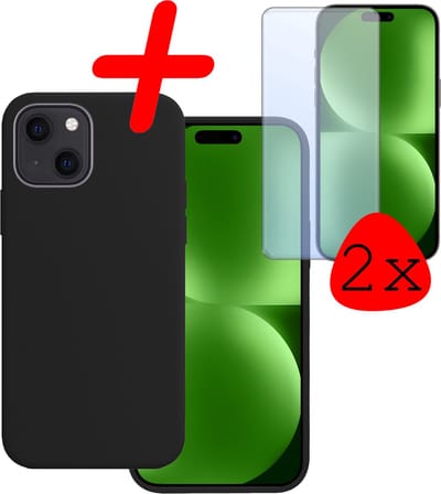Hoesje Met 2x Screenprotector - Geschikt voor Apple iPhone 15 - Sterk & Shockproof - Back Cover - Siliconen Case - Telefoon Hoes - Zwart