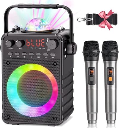 4 in 1 Karaoke Set – Voor Volwassenen – Met 2 Draadloze Microfoons – Bluetooth – LED Verlichting – Draagbaar – Compleet Pakket – Zwart