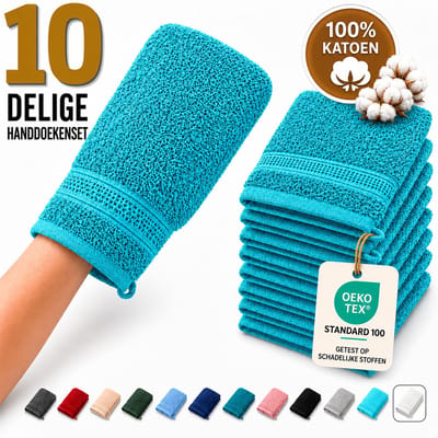 Komfortec Set van 10 Washandjes - 16x21 cm - 100% Zachte Katoen - Badstof - Sneldrogend, Turquoise