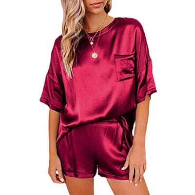 Pyjama d'été en satin de couleur unie pour femme, service à domicile, short à manches courtes, costume irrégulier en deux pièces S rouge