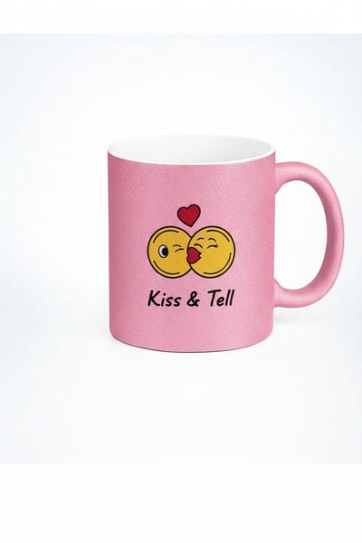 Romantische Roze Glitter Mok 'Kiss & Tell' met Kus Emojis - Perfect Cadeau