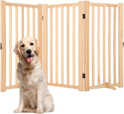3-delig breed huisdierenhek van 91 cm hoog – Vrijstaand houten hondenhek met 2 steunpoten – Opvouwbare barrière voor binnenshuis voor trappen, deuropeningen, gangen en de keuken – Geen gereedschap nodig – 152 × 60 cm