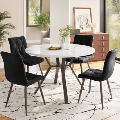 Eettafel- en stoeltjesset - 5-delig - ronde eettafel en 4 stoelen - zwarte tafelpoten - zwarte eetstoelen