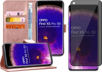 Hoesje geschikt voor Oppo Find X5 Pro - Privacy Screenprotector Volledig Dekkend Glas - Portemonnee Book Case Rosegoud