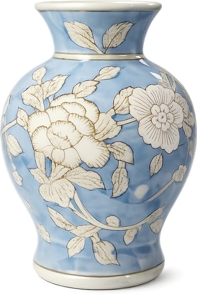 Klassieke Porseleinen Vaas - Blauw met Wit Bloemmotief - Chinoiserie / Delfts Blauw Stijl - Luxe Bloemenvaas Vintage