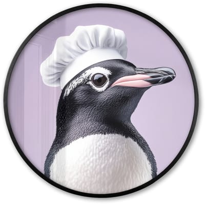 Poster in lijst Rond - Fotolijst 60x60 cm - Posters - Pinguïn - Koksmuts - Lief - Paars - Ronde posterlijst zwart - Decoratie - Wanddecoratie woonkamer - Muurdecoratie slaapkamer
