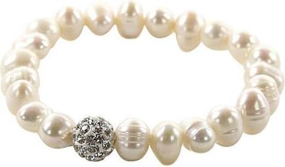 Zoetwater parel armband Maxima - echte parels - stras stenen - glitter armband - wit - elastisch - luxe sieraden zakje - parel armband dames - elastisch parel armband - wit parel armband - zoetwaterparel