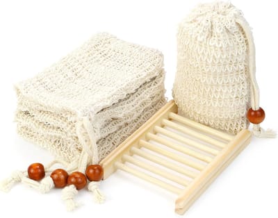 Zeepzakjes Sisal - Zeep Houder - Douchen Exfoliëren - Met Houten Bakje - 5 Stuks - Natuurlijk