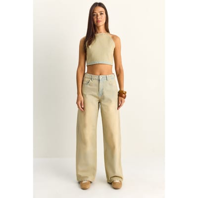 Hoge Taille Denim Haltertop en Brede Pijpen Broek Set