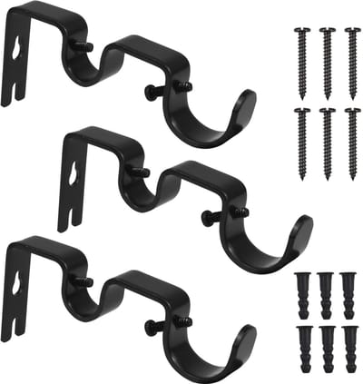 Set van 3 Dubbele Gordijnroedehouders – Stevige Metalen Wandsteunen voor Verduisteringsgordijnen en Zware Gordijnen tot 10 kg, Inclusief Schroeven en Pluggen, Zwart